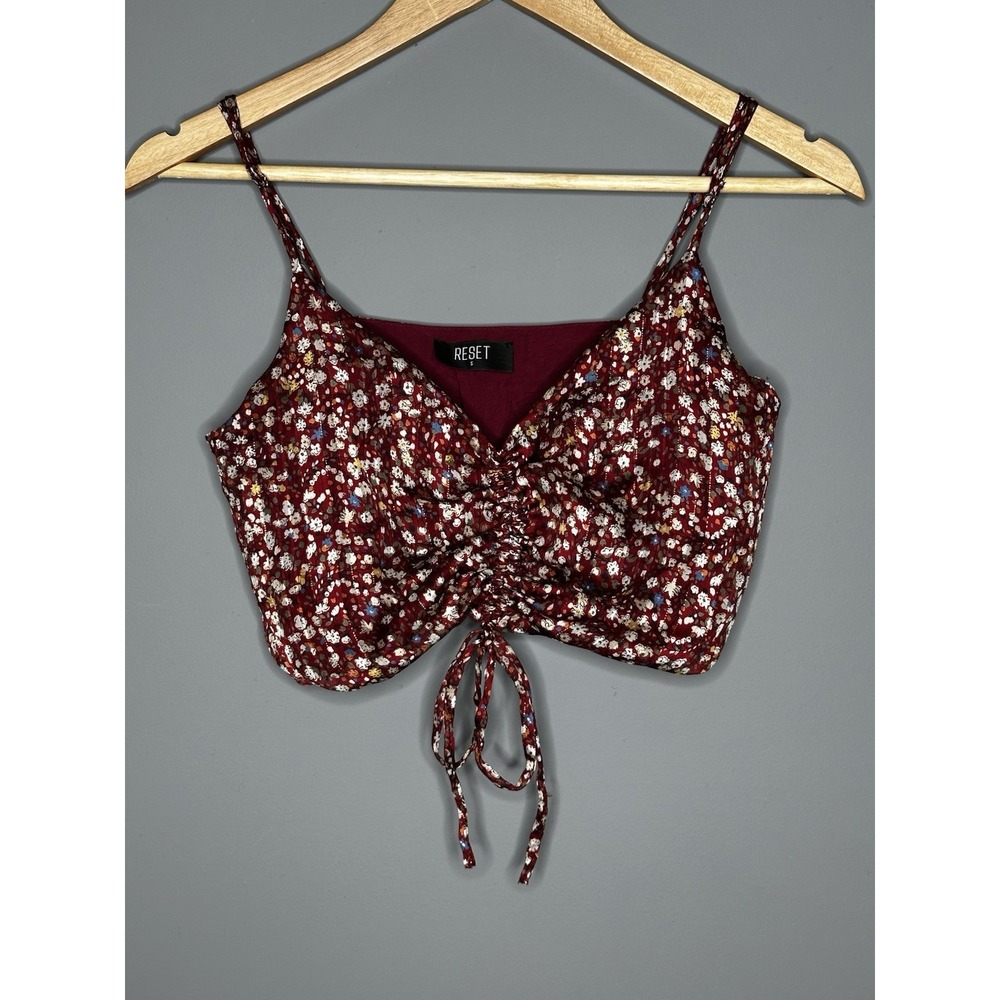 RESET Womens Crop Tank Top Front Tie Ditsy Floral Red‎ Size Small